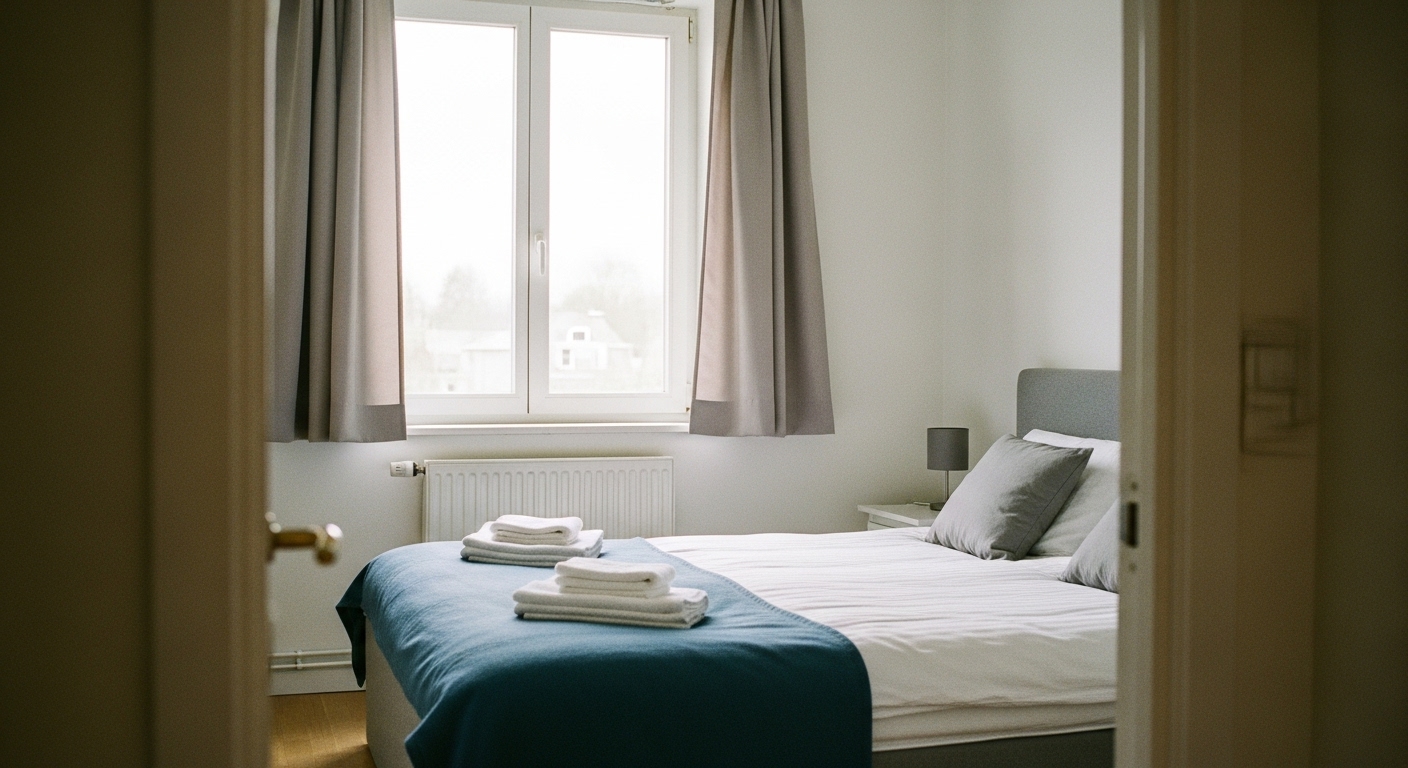 Bedroom with the bed facing the entrance door and clear walkthrough path