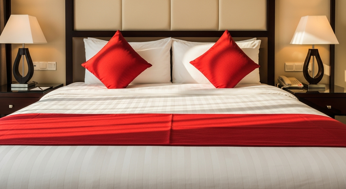 A modern bed with a bright red bed runner placed at the foot, adding contrast and color to the neutral bedding