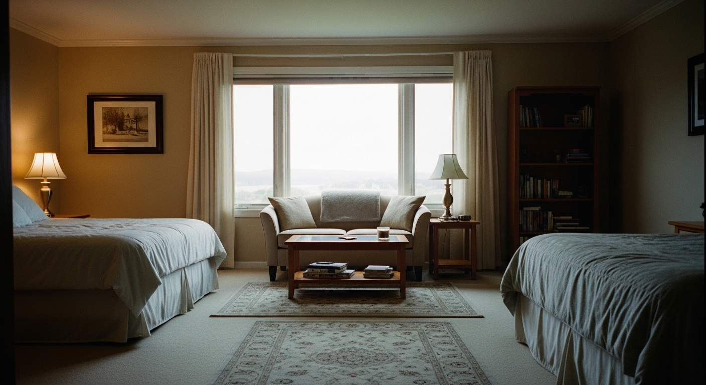 Bedroom with a small sofa and coffee table near the window