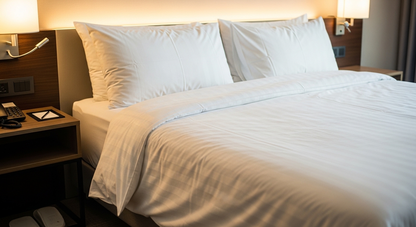 A professionally styled bed with hotel-style tucked-in sheets and sharp corners for a crisp, clean look