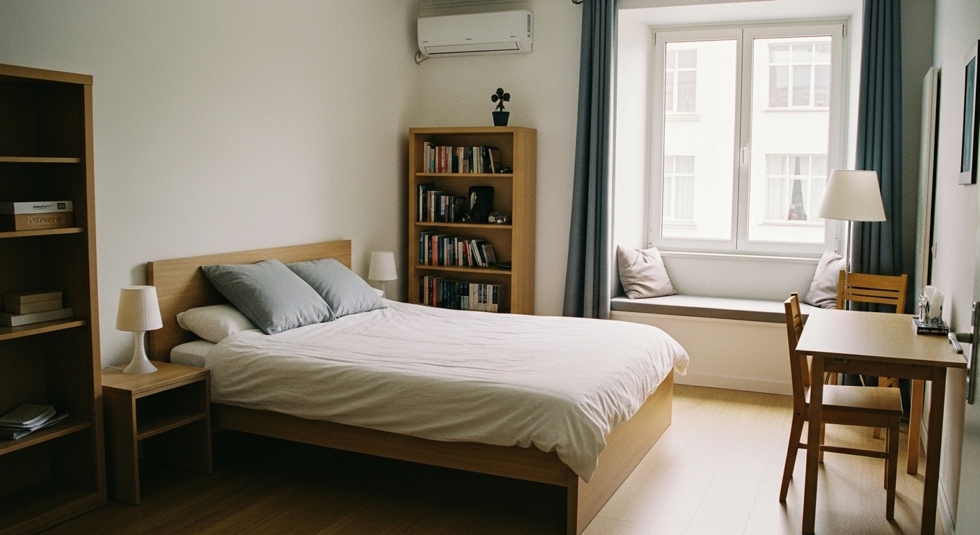 Square bedroom with bed centered, side furniture, and window corner table