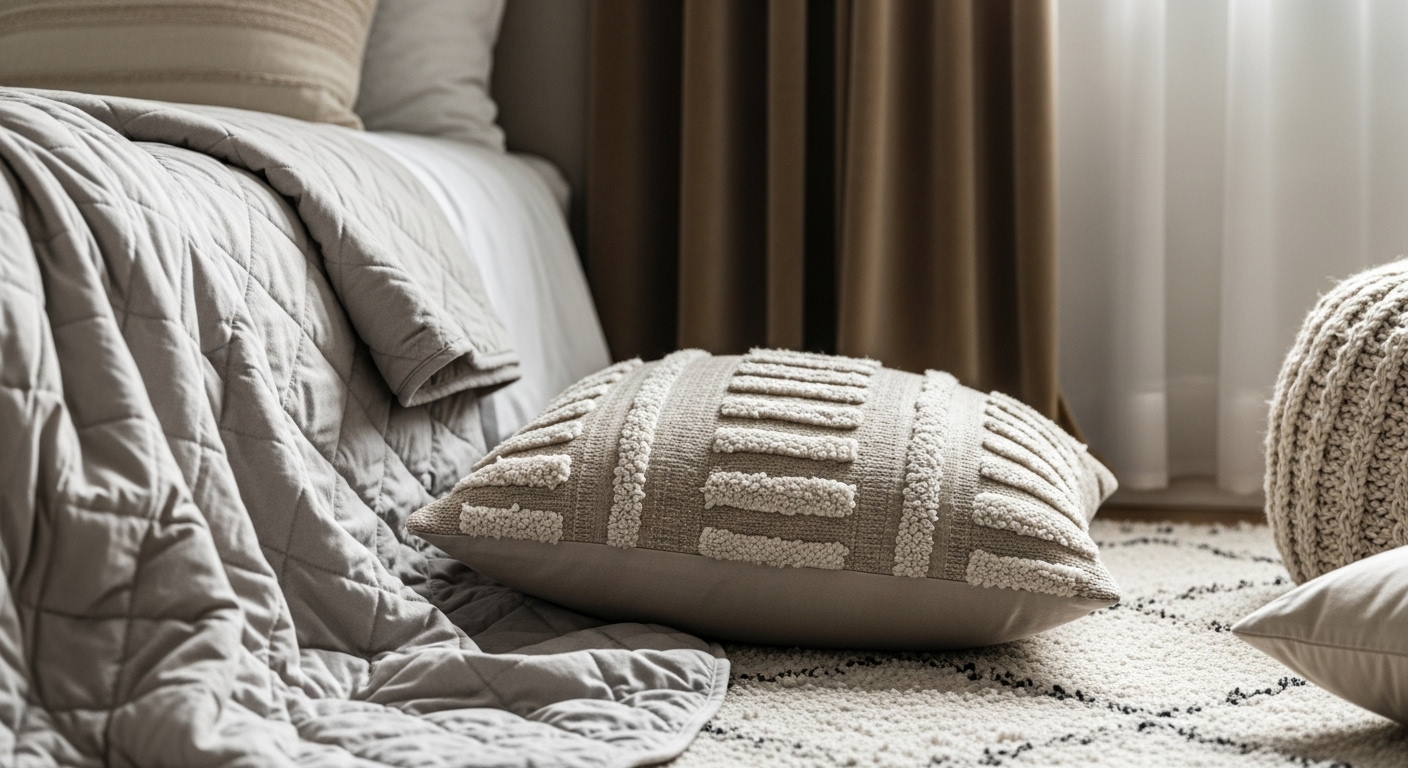 Textured bedroom elements including a mix of layered bedding, rugs, curtains, and pillows to enhance visual warmth.