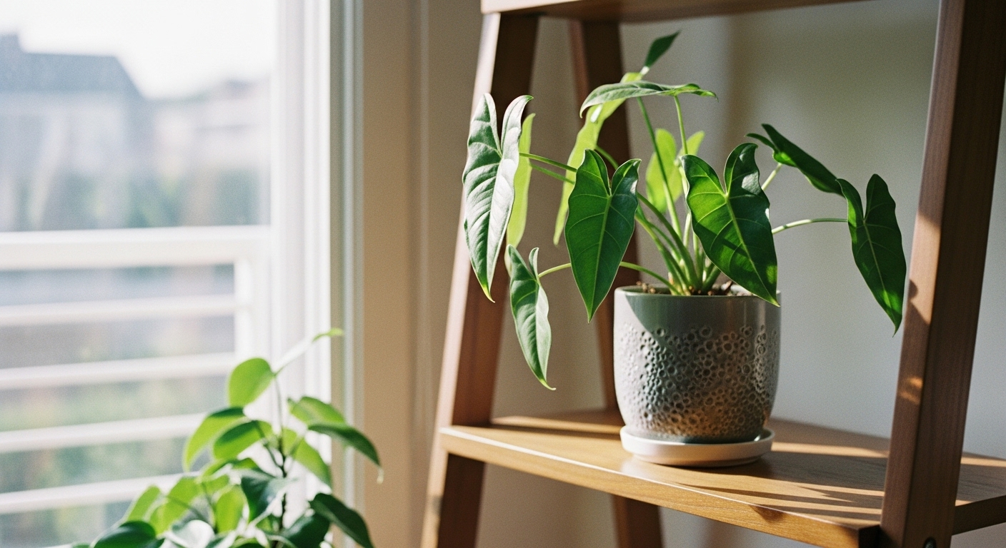 Lush green arrowhead plant in a modern indoor setting, highlighting its air-purifying qualities for healthier home environment