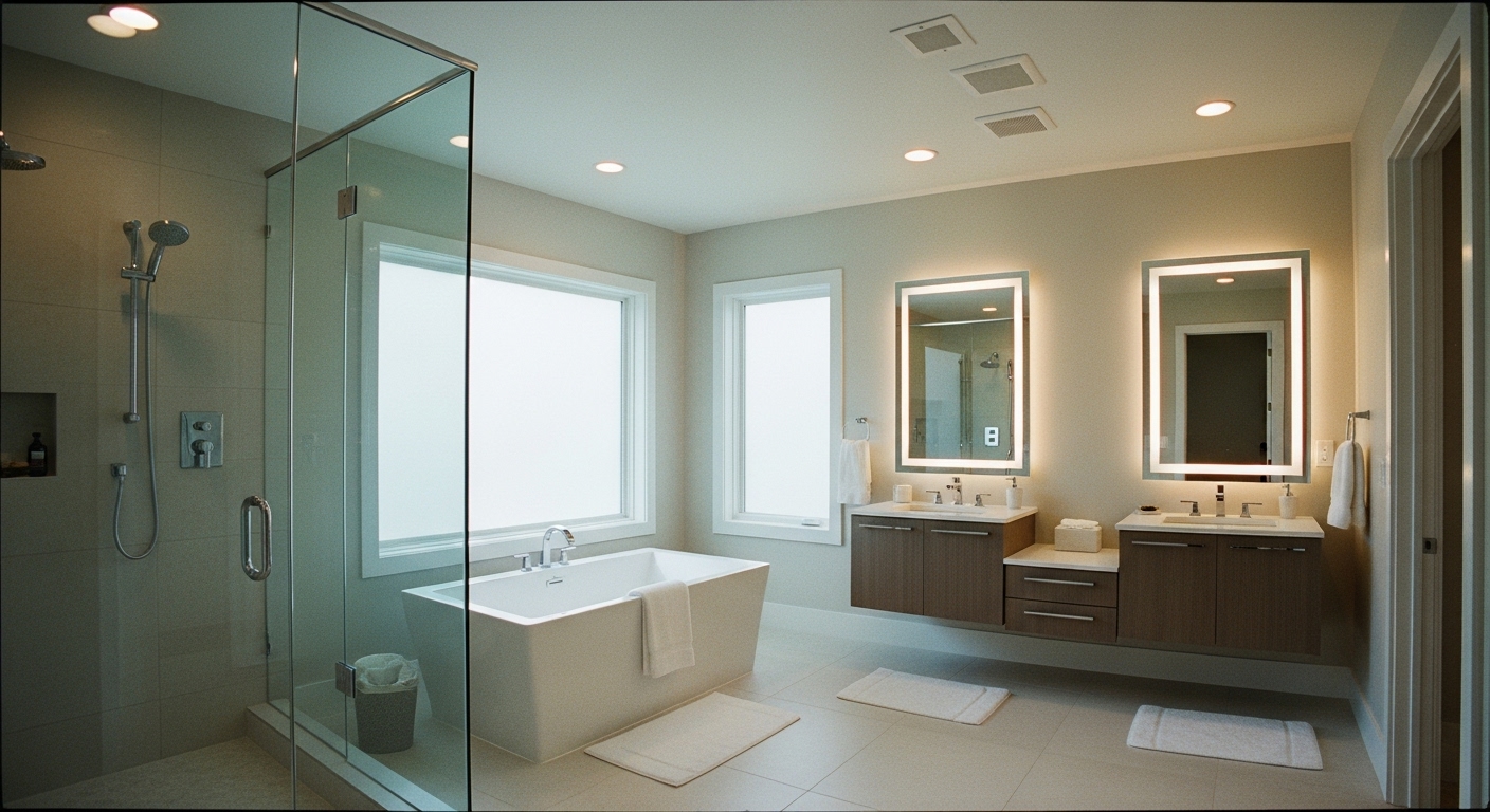 Spacious master bathroom featuring a walk-in shower, soaking tub, double vanities, and soft lighting with modern tiles and neutral tones.