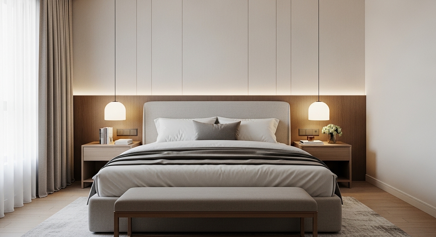 Master bedroom with a neatly centered bed along the main wall, symmetrical nightstands and lamps, and neutral-toned decor.