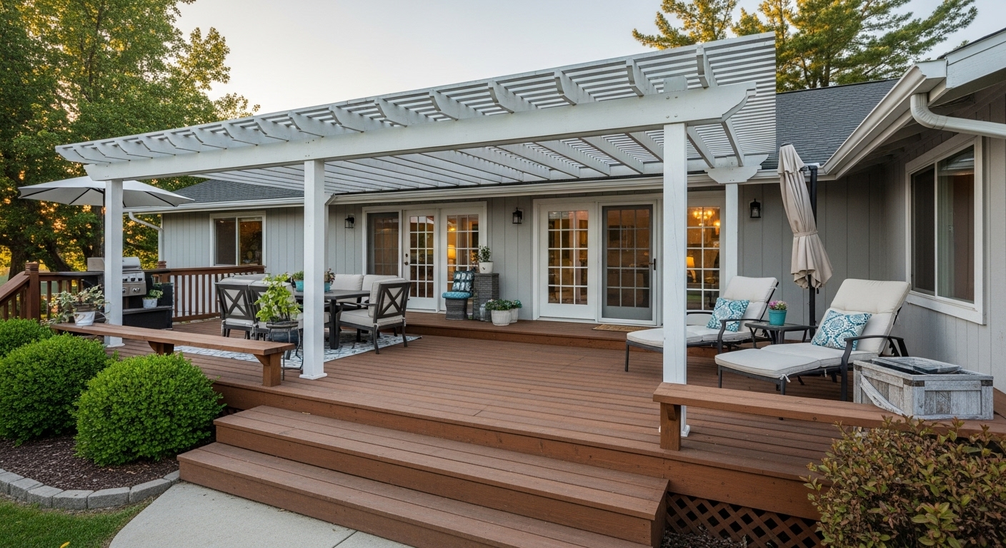 Spacious outdoor deck with a pergola and comfortable seating, extending from a modern ranch house