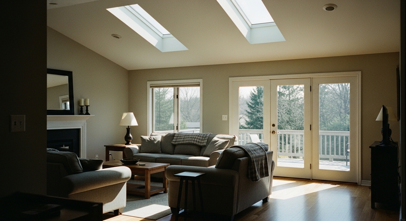 Ranch-style home interior flooded with natural sunlight from skylights and floor-to-ceiling glass doors


