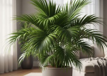 A vibrant, healthy Majesty Palm plant stands tall in a modern, sunlit living room, its feathery fronds creating a lush, tropical ambiance. The room is decorated with subtle, warm tones, emphasizing the palm as a focal point, suggesting a serene indoor garden.