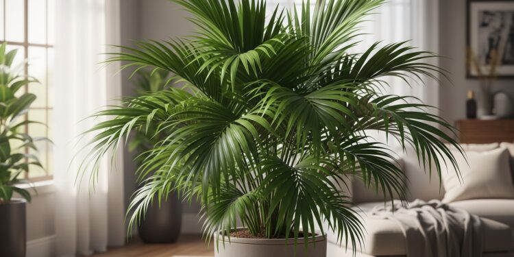 A vibrant, healthy Majesty Palm plant stands tall in a modern, sunlit living room, its feathery fronds creating a lush, tropical ambiance. The room is decorated with subtle, warm tones, emphasizing the palm as a focal point, suggesting a serene indoor garden.