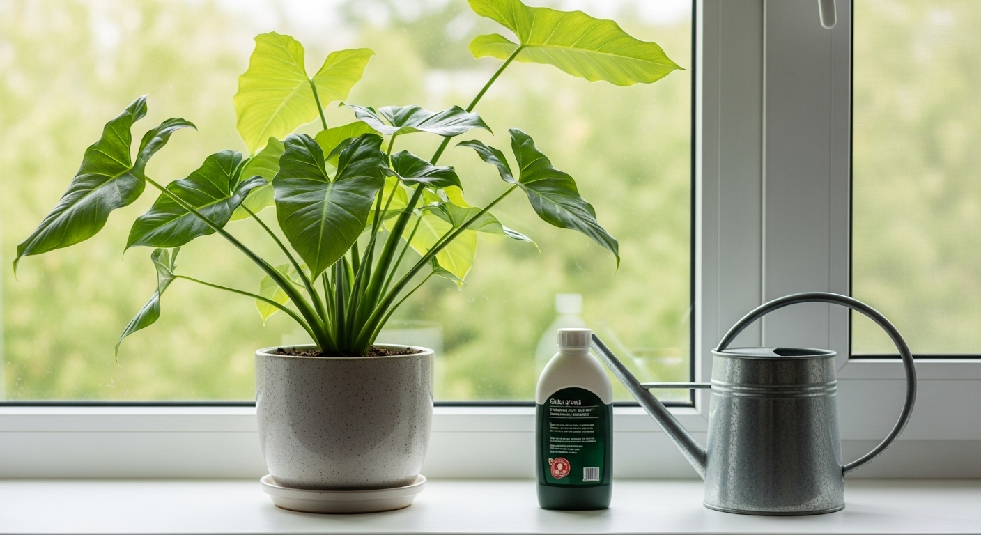 Healthy arrowhead plant basking in sunlight with a watering can and liquid fertilizer nearby