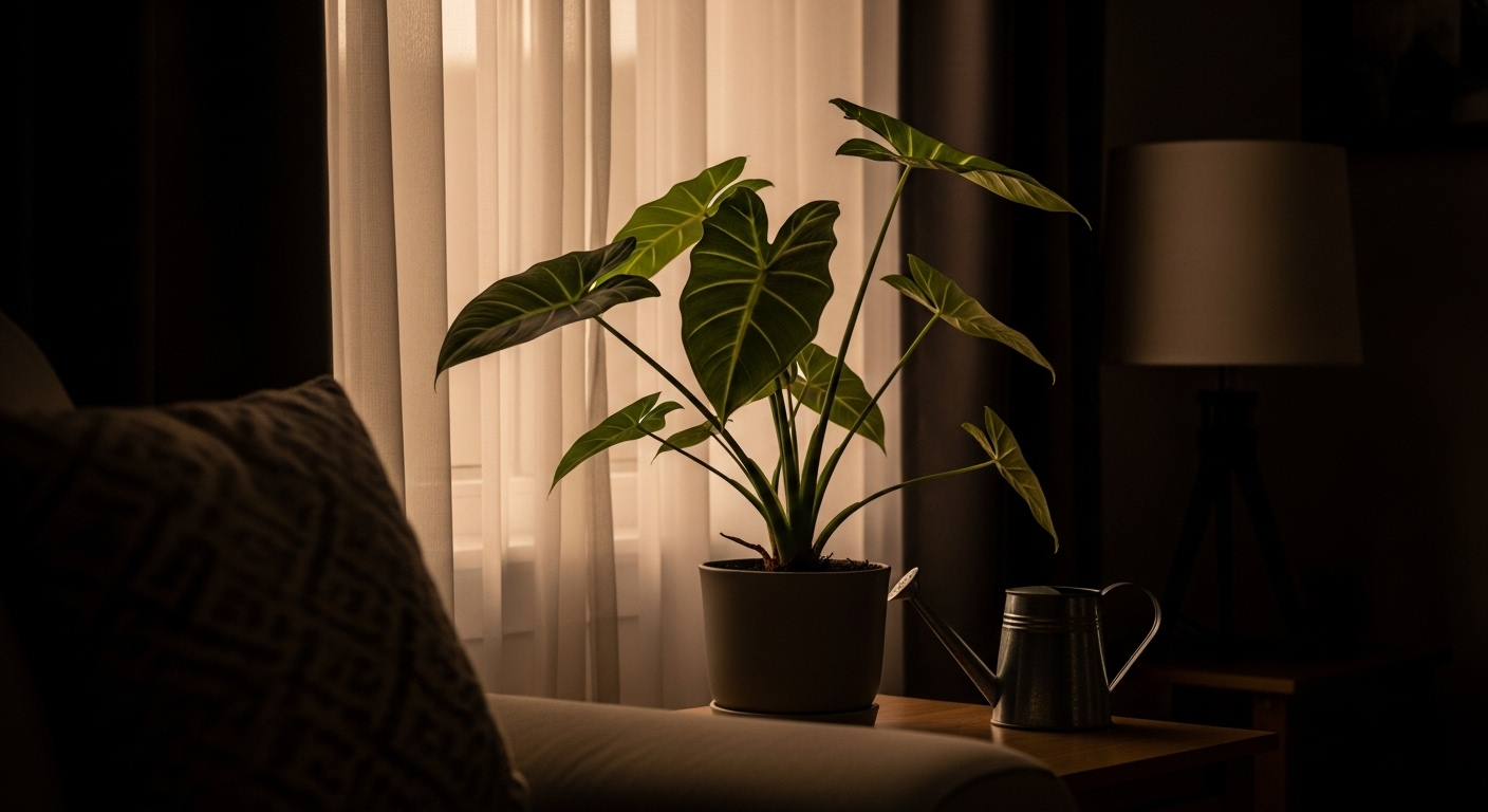 Arrowhead plant indoors with reduced watering and shaded from cold drafts during winter