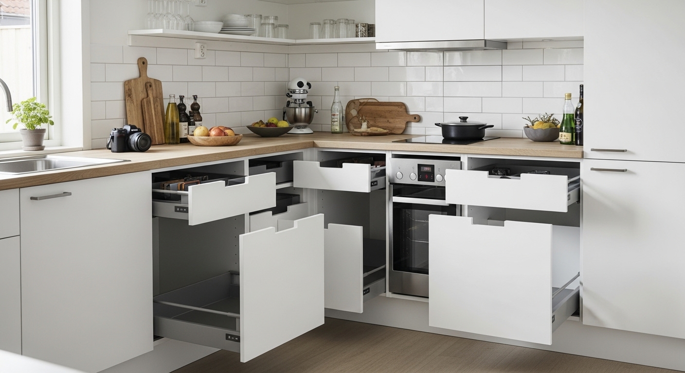 Contemporary modular kitchen corner cabinet featuring removable and adjustable storage compartments