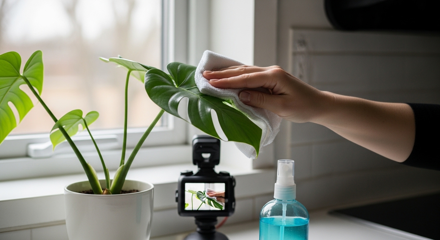A person gently cleaning indoor plant leaves with a damp cloth to remove pests using eco-friendly soap.