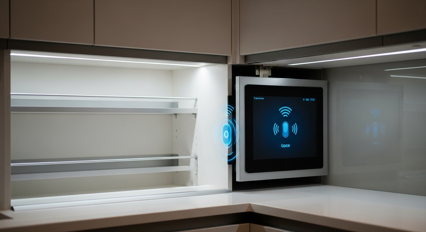 High-tech kitchen with a smart corner cabinet system featuring wireless control and voice command accessibility