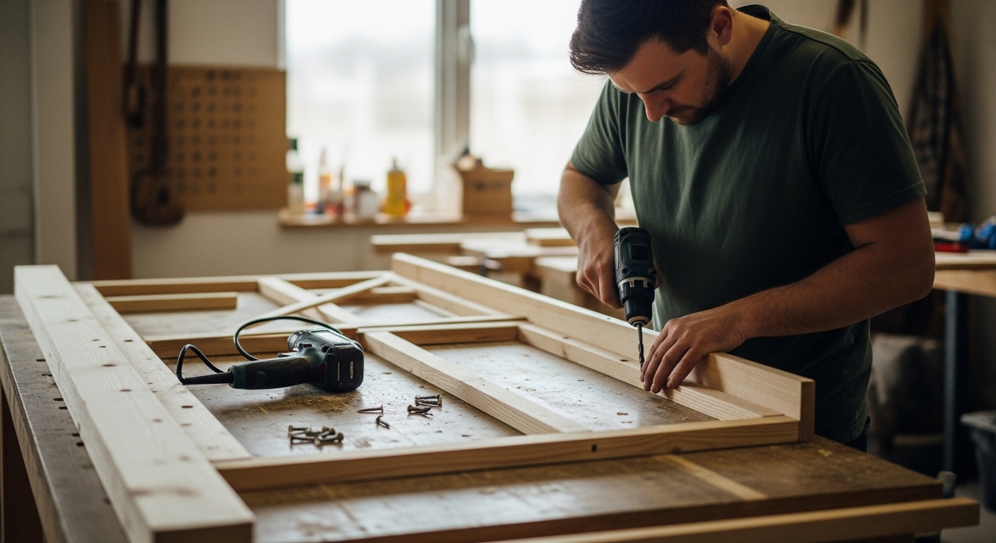 DIY enthusiast assembling wooden Murphy bed frame in a workshop

