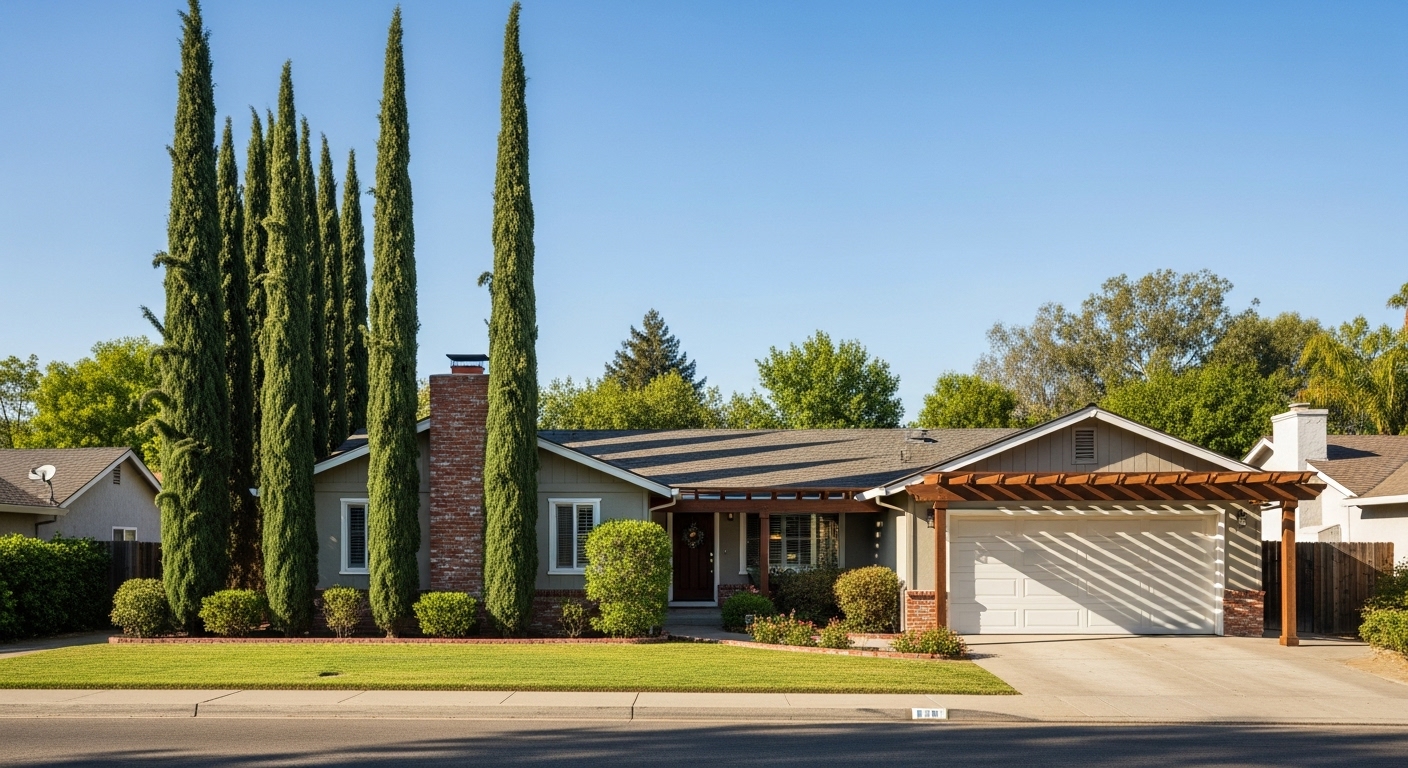 Ranch-style home with tall trees, a chimney, and trellis adding vertical dimension