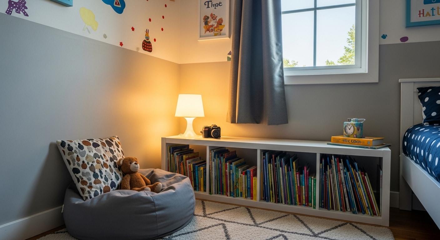 A small bookcase with children’s books, a reading cushion, and a soft lamp in the corner of a child’s bedroom.