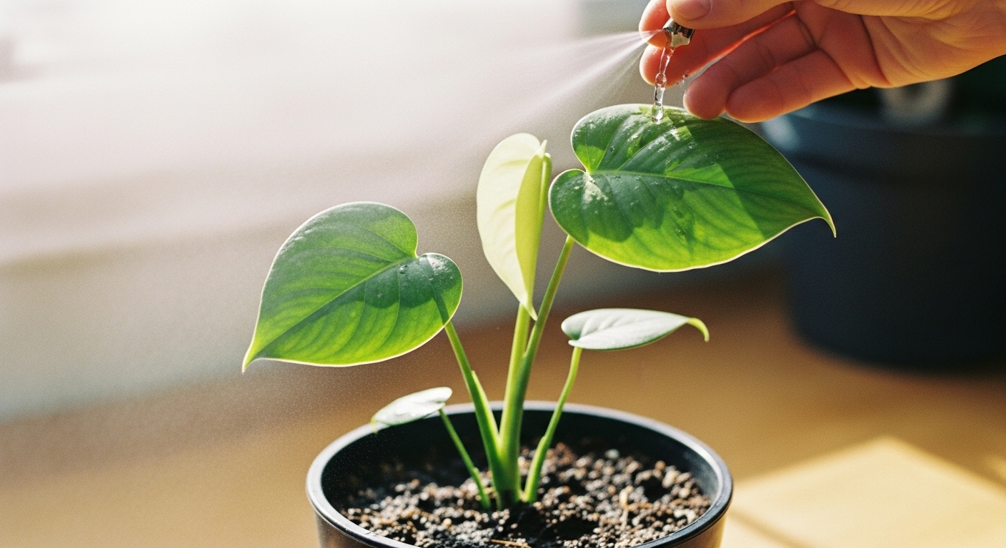 Close-up of a juvenile Monstera plant with small heart-shaped leaves and no holes, resting in a well-lit indoor space