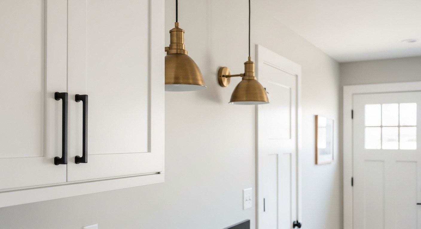 "Close-up of modern cabinet hardware, light fixtures, and door handles in a stylish ranch house remodel