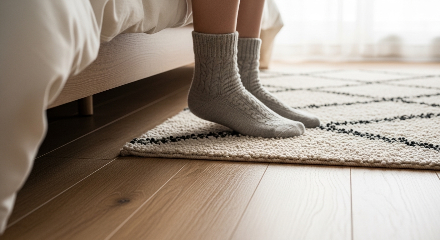 Close-up of bedroom flooring with a rug, showing design consistency and comfort underfoot.