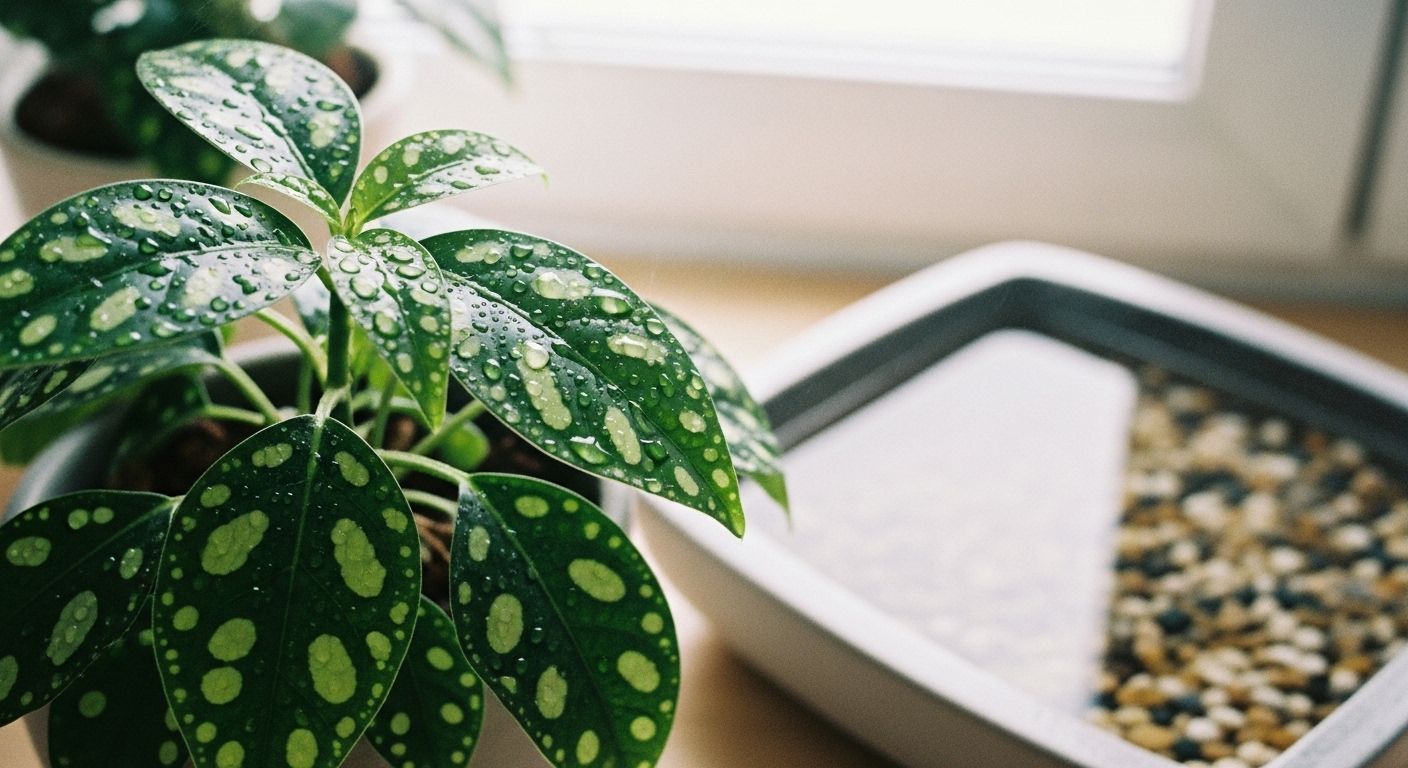 Polka dot plant in a cozy indoor space with misted leaves, near a pebble tray providing extra humidity