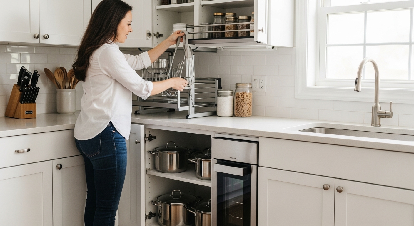 Functional kitchen layout with corner cabinets storing frequently used items for workflow optimization