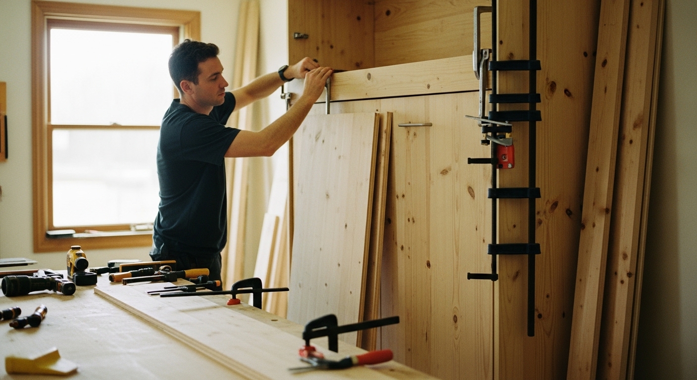Builder attaching wall cabinet panels for Murphy bed setup