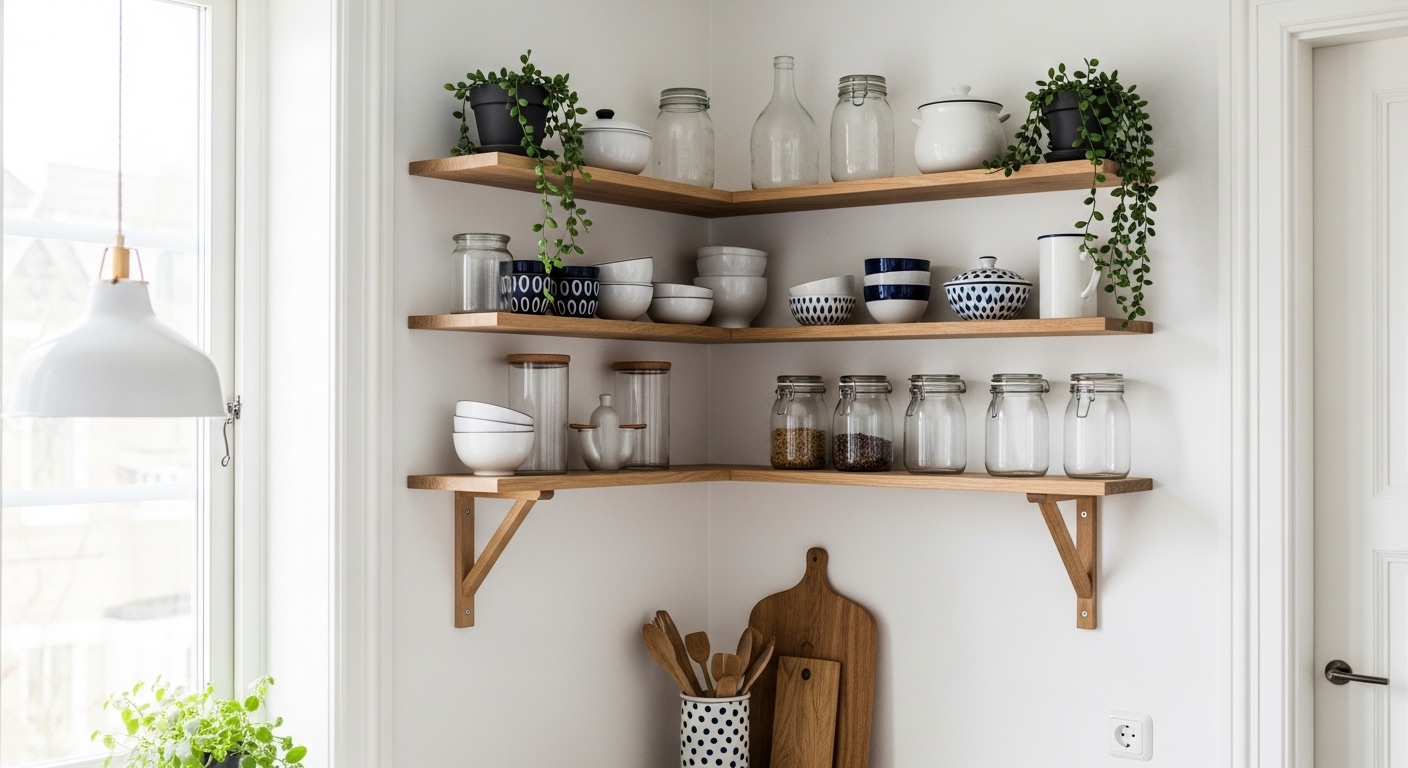 Open corner kitchen shelves with decorative dishes and plants in a light minimalist kitchen space