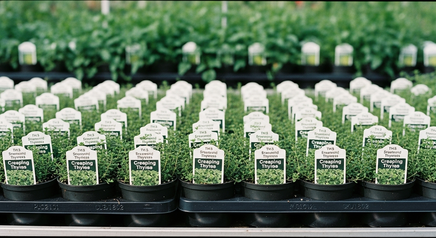 althy creeping thyme plants in small nursery pots displayed at a garden center.