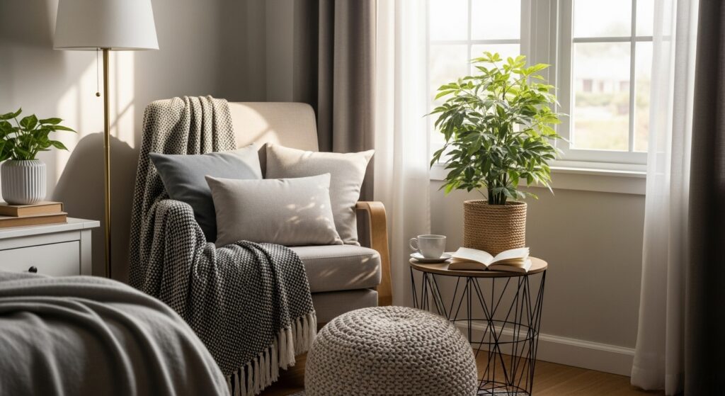 Cozy sunlit living room corner featuring an armchair, book, and plant – perfect home haven