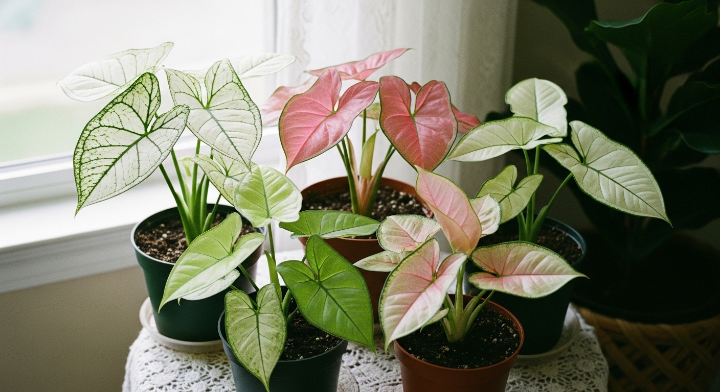 Different varieties of Arrowhead plants featuring unique leaf shapes and vibrant colors including White Butterfly, Pink Allusion, Neon Robusta, and Strawberry Cream
