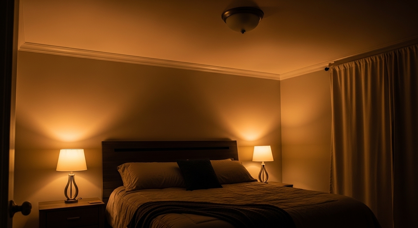 Bedroom with ambient, task, and accent lighting creating a warm and relaxing atmosphere.