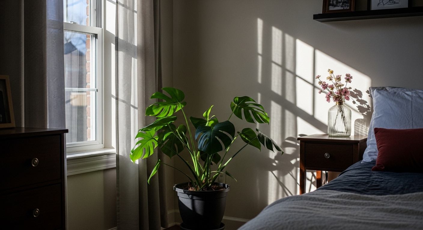 Bright indoor room with Swiss cheese plant placed near a curtained window receiving indirect sunlight.