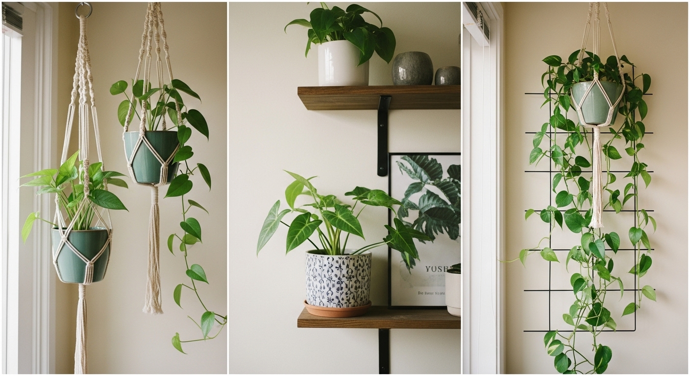 Versatile arrowhead plants displayed as hanging decor, tabletop potted plants, and climbing vines, demonstrating multiple ways to enhance indoor spaces