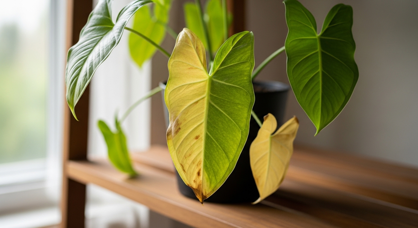 Close-up of arrowhead plant leaves showing yellow discoloration due to overwatering