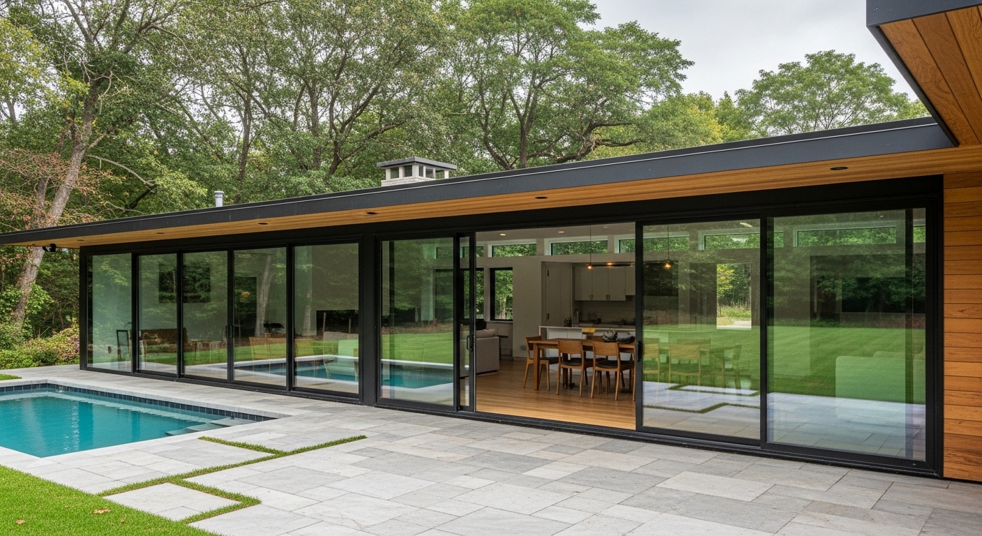 Ranch house exterior with large floor-to-ceiling glass windows and modern black-framed sliding doors