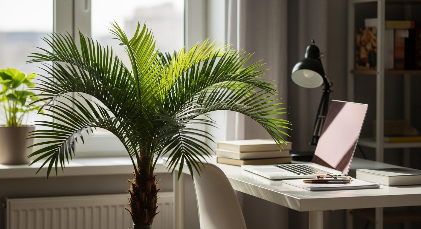 Green Majesty Palm plant bringing calming energy to a cozy workspace, representing its effect on stress reduction and mental wellbeing.