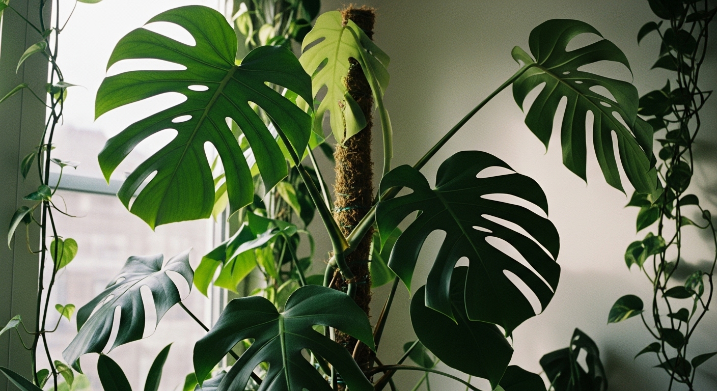 Close-up of a juvenile Monstera plant with small heart-shaped leaves and no holes, resting in a well-lit indoor space