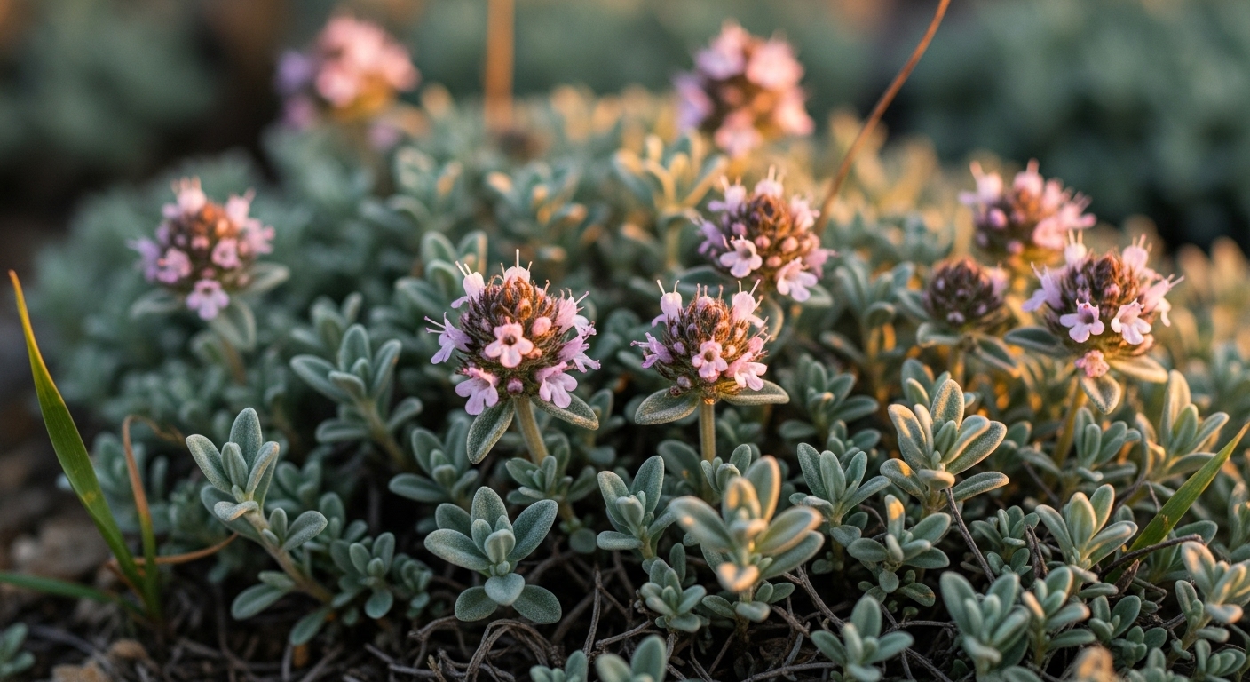 Woolly thyme with fine gray-green hairy leaves and delicate pale pink flowers, thriving in a dry, sunlit rock garden