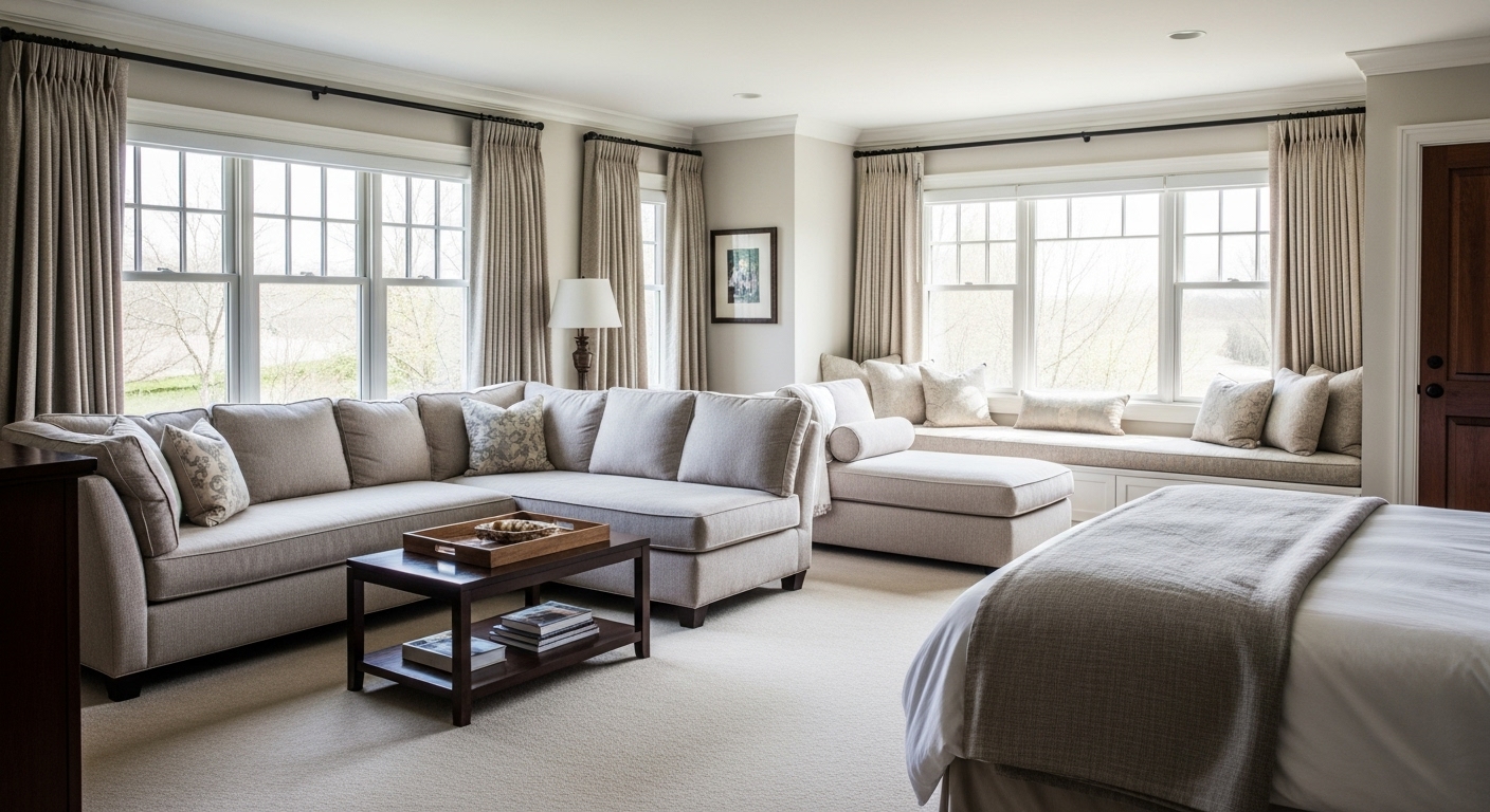 A large bedroom featuring a wide sofa, window seating, and a chaise lounge for relaxing and reading.