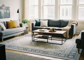 A modern living room showcasing various standard rug sizes like 5x8, 8x10, and 9x12 placed under sofas and tables, illustrating perfect rug placement in home decor