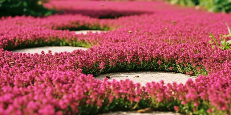 A blooming red creeping thyme lawn replacing traditional grass, with tiny magenta flowers, bees hovering, and stepping stones embedded in a sunlit garden.