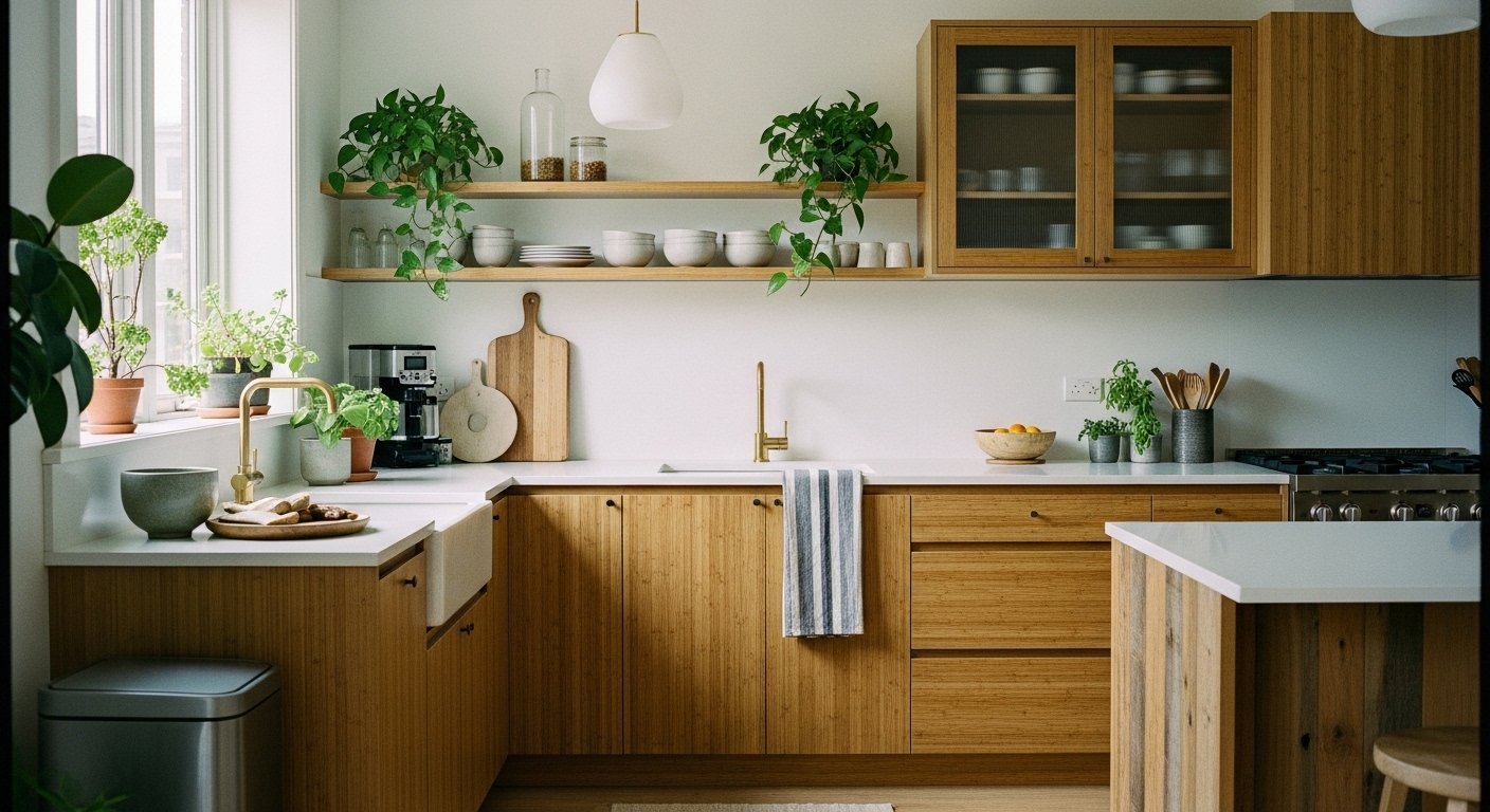Modern kitchen with sustainable bamboo and reclaimed wood cabinets, reflecting 2025 eco-friendly design trends