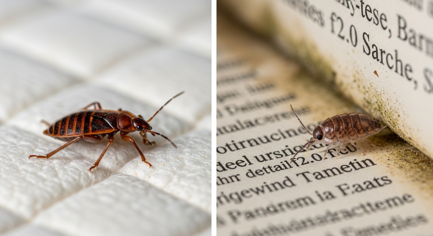 Close-up of a dry area with a bed bug and a moist book corner with a booklouse