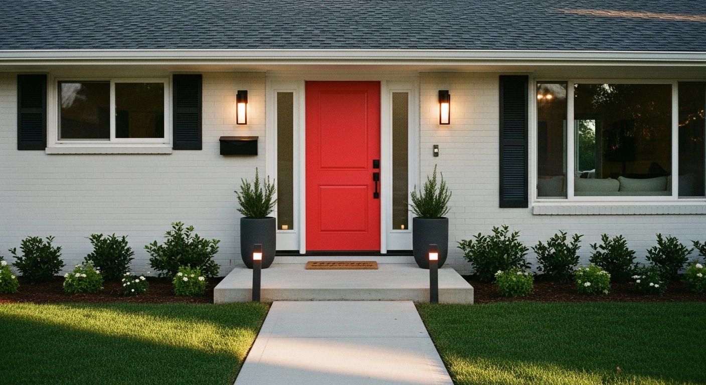 Welcoming ranch home entryway with a bold-colored front door and modern exterior light fixtures