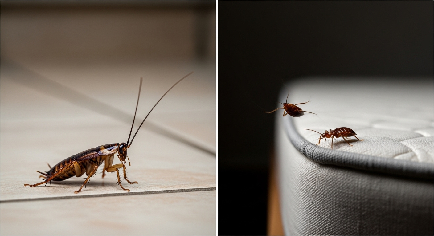 Photo showing cockroach nymph in kitchen and bed bug in bedroom with clear shape difference