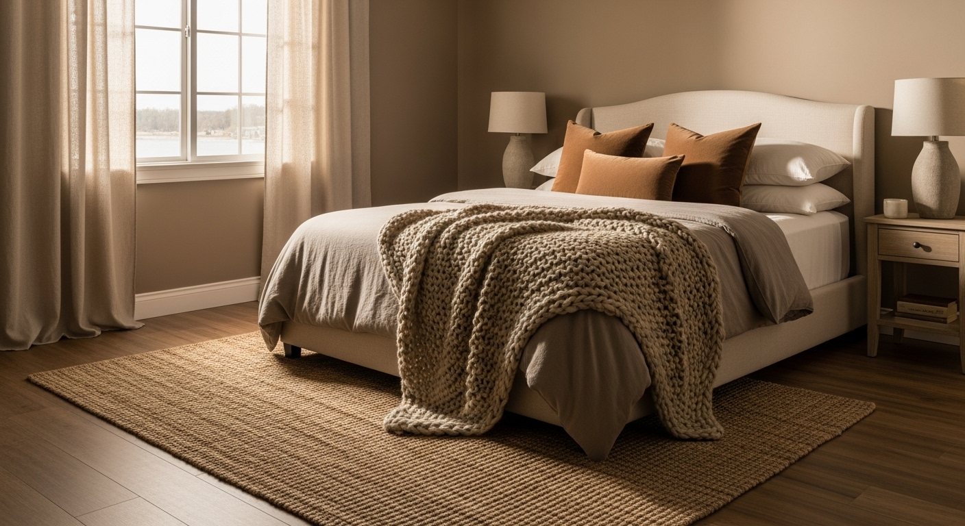 Elegant bedroom interior with textured elements including a woven rug, velvet pillows, a chunky knit blanket, and a linen canopy for a cozy, layered design