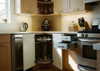 Modern kitchen showcasing smart corner cabinet solutions including a Lazy Susan, pull-out drawers, and open shelving in a sunlit interior