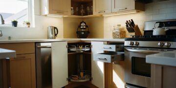 Modern kitchen showcasing smart corner cabinet solutions including a Lazy Susan, pull-out drawers, and open shelving in a sunlit interior