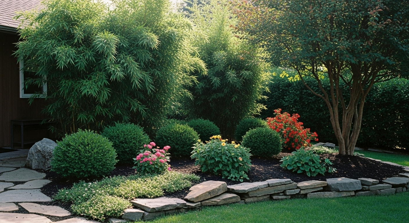 Thoughtfully landscaped front yard of a ranch-style home with bamboo, flowering shrubs, and a natural stone path
